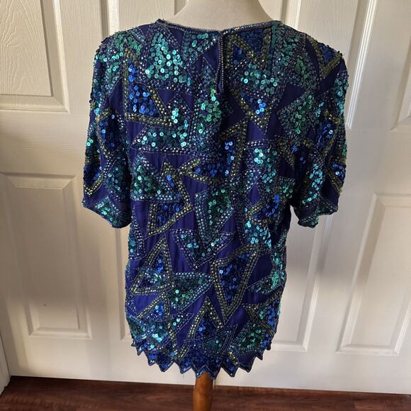 Jakelin Designs Beaded Sequin Top Large Silk Lined Geo Vintage 80s Glam Blue - Picture 6 of 14